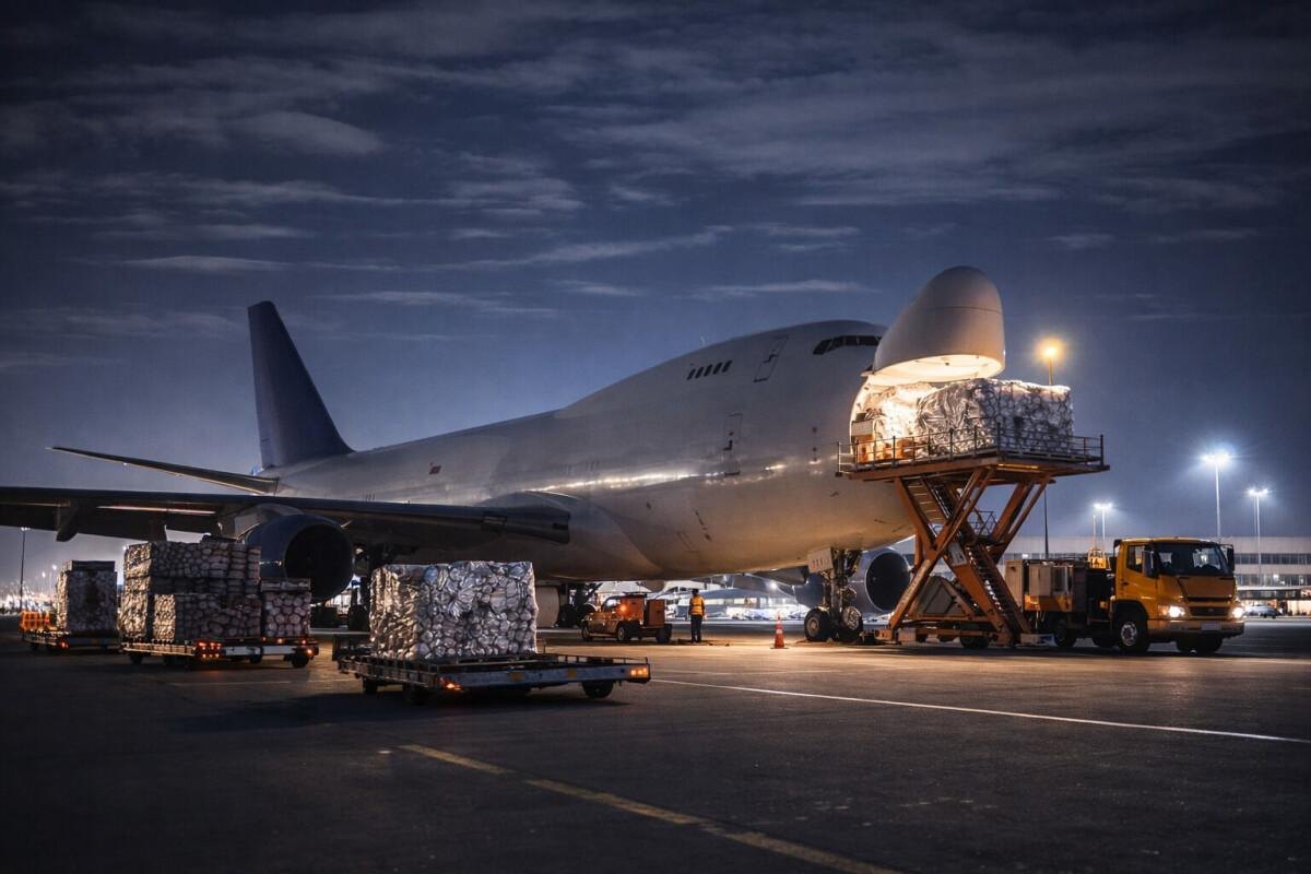 Freighter aircraft being loaded with palletized cargo on an airport ramp at night